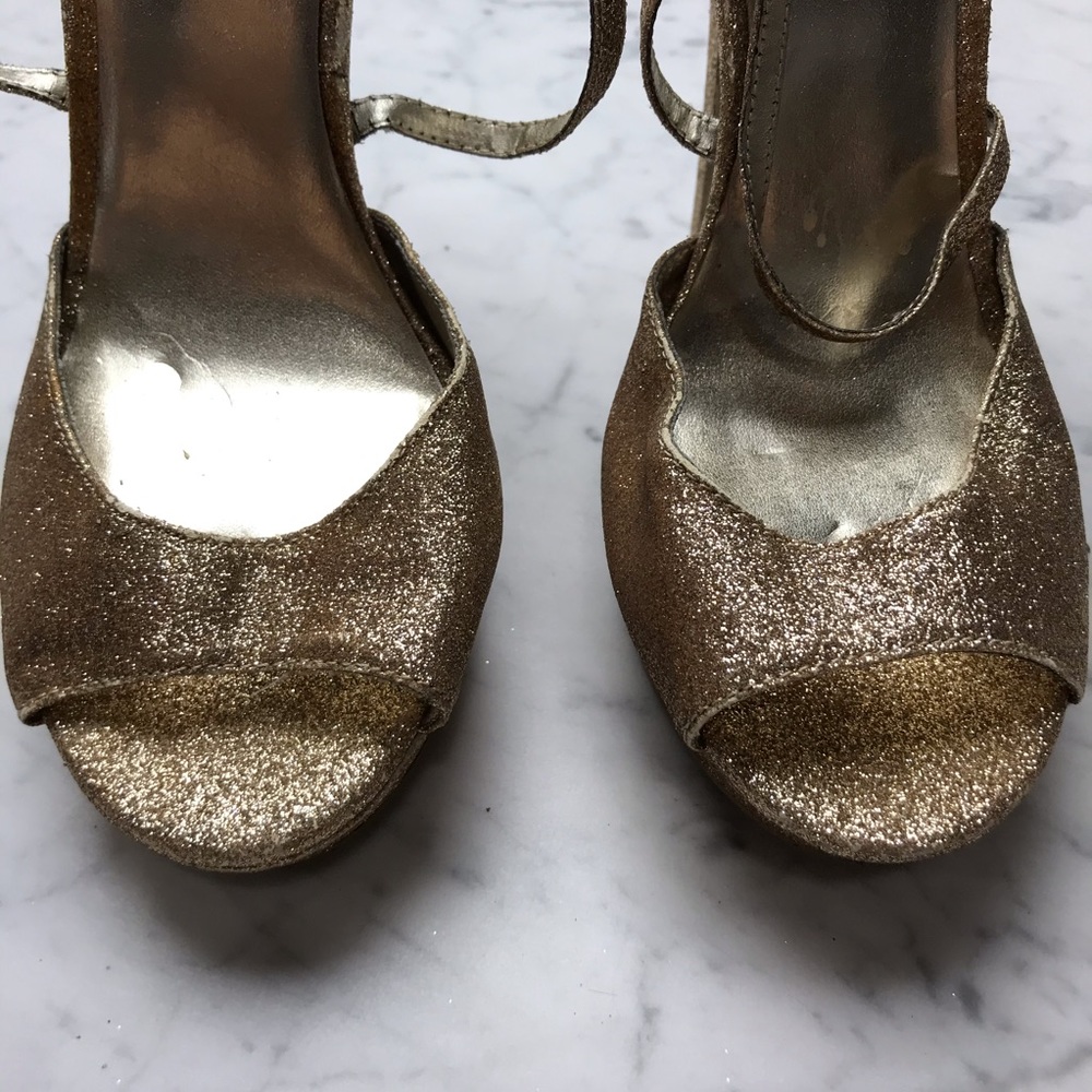 CeCe Gold Glitter Metallic Open Toe Stiletto Heels - Picture 3 of 11